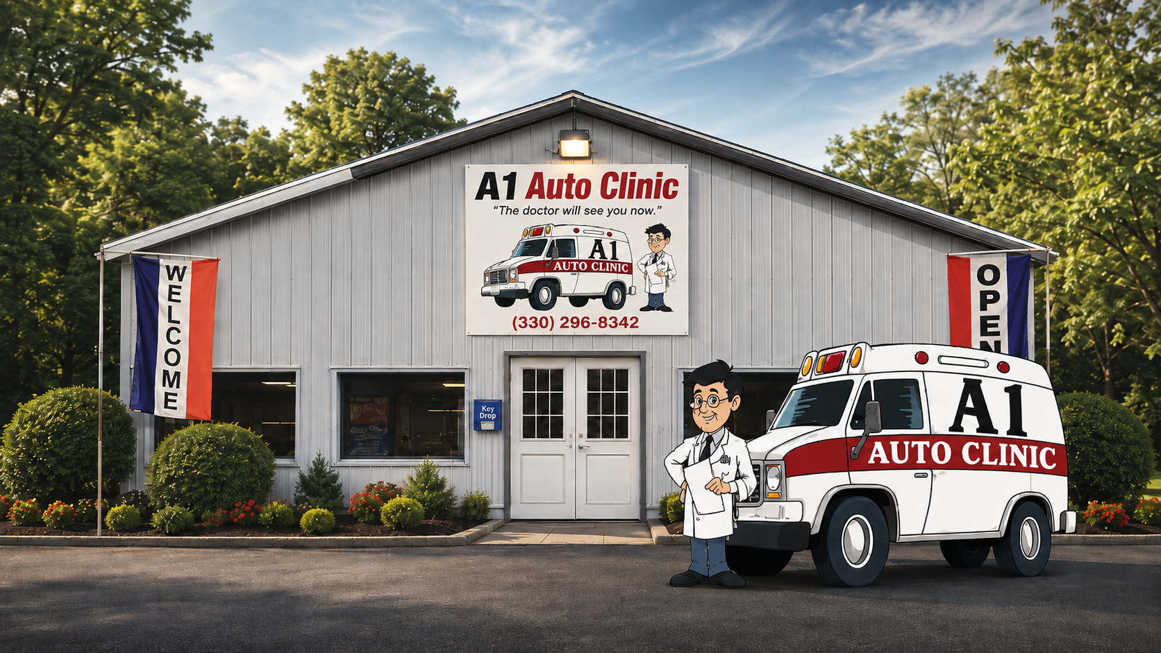 A1 Auto Clinic building with doctor character and A1 service vehicle